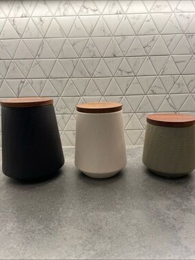 NWT Crate & Barrel 3 Ceramic Canisters with Wood Lids